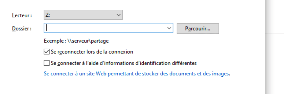 Fenêtre de connexion d'un lecteur réseau avec sélection de lettre