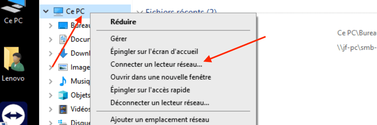 Menu contextuel de Ce PC avec l'option Connecter un lecteur réseau